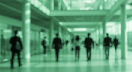 Blurred Figures Stroll Modern Green Hallway. AI Generated