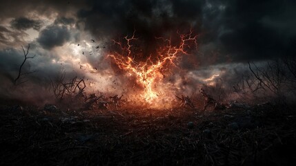 Fierce combat erupts in a wartorn field dramatic atmosphere digital art dark environment cinematic viewpoint