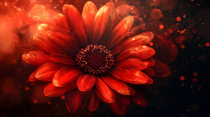 A vibrant red gerbera daisy with a dark center is illuminated by warm, glowing light against a dark background with scattered bokeh effects.