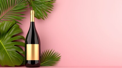 Dark glass wine bottle with gold label, flanked by lush green tropical leaves against a soft pink background. Minimalist, clean aesthetic.