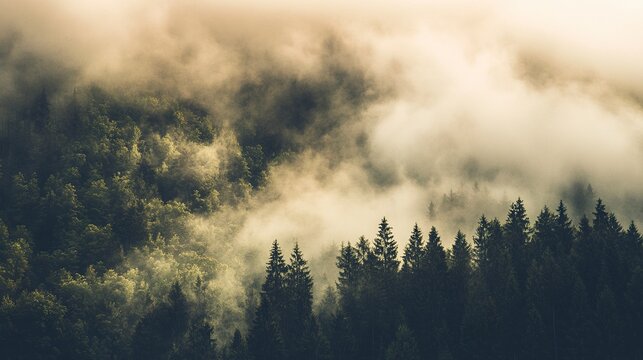 Ancient forest shrouded in morning mist towering trees stretching into the clouds soft warm light cinematic landscape feel 