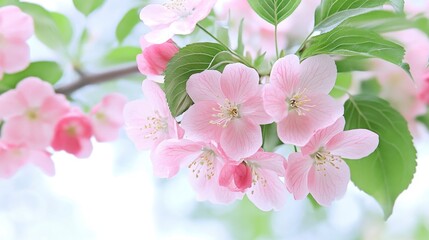 Naklejka premium Close up of delicate pink blossoms on a branch with vibrant green leaves, soft light background.