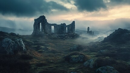 Obraz premium Ancient stone ruins on a lonely moor under the last light of dusk haunting atmosphere deep cinematic mood 