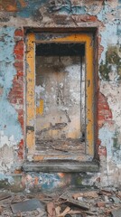 Naklejka premium Yellow doorway in decaying, colorful abandoned building