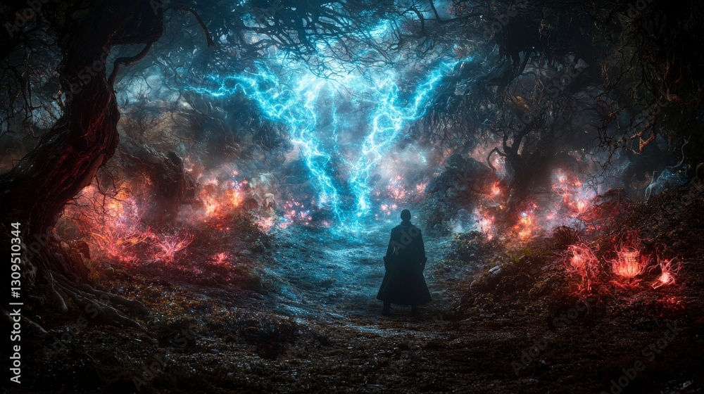 Poster lone explorer discovers hidden realm of magic enchanted forest fantasy art mysterious atmosphere wid