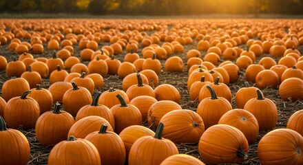 Obraz premium Golden Hour Pumpkin Patch Autumn Harvest. AI Generated
