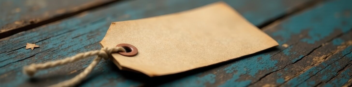 Low angle view of brown paper tag with string , macro, tag