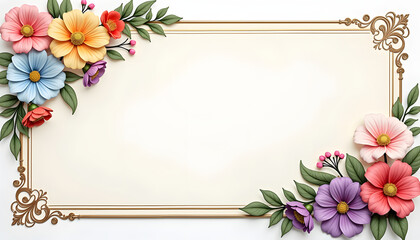 Elegant floral frame with colorful flowers and leaves on a clean background