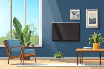 Modern living room interior design with a blue armchair, TV, and plants.