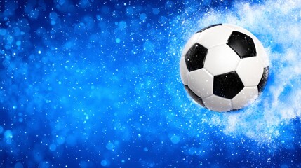 Fototapeta premium Black and white soccer ball in motion against a blue sparkling background. Dynamic image perfect for sports themes.