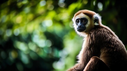 Obraz premium Authentic telephoto shot gibbon gazing peacefully into the distance lush green canopy blurred in the background cinematic feel 