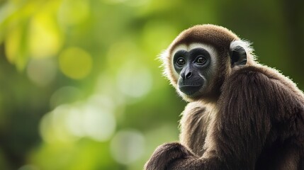 Fototapeta premium Authentic telephoto shot gibbon gazing peacefully into the distance lush green canopy blurred in the background cinematic feel 