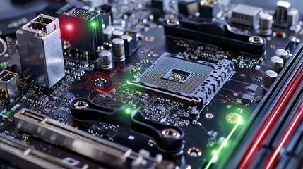 Fototapeta premium Macro close-up view of illuminated active motherboard components in a high-tech electronics environment