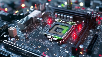 Fototapeta premium Active motherboard close-up technology hub macro photography digital environment high-tech concept