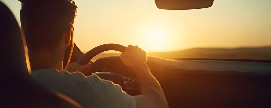 Man driving convertible car into a beautiful sunset view