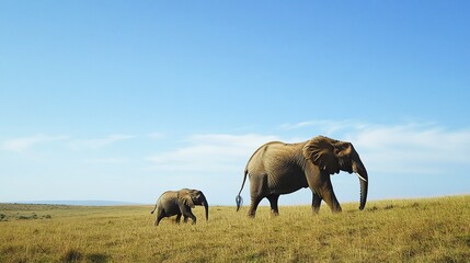 Fototapeta premium Baby elephant trotting beside its parent playful energy against a vast grassy landscape clear blue sky cinematic depth 