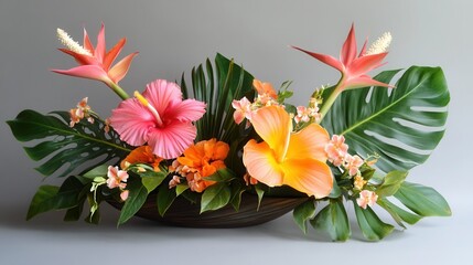 Obraz premium a tropical flower arrangement with vibrant hibiscus, bird-of-paradise, and monstera leaves, creating a lively centerpiece. 