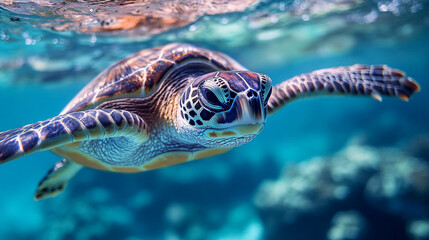 Fototapeta premium Stunning underwater image of a sea turtle swimming in vibrant blue ocean water reef coral photo green