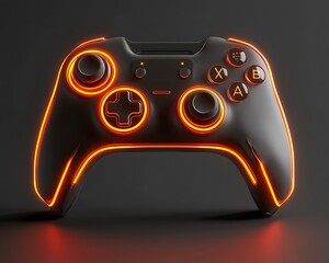 A black gaming controller with illuminated orange accents is shown