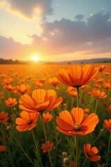 Orange cosmos flowers in a vast field at dawn, flora, image, petals