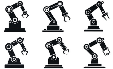 This image features six black silhouette icons of robotic arms.