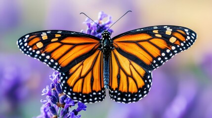 Naklejka premium A vibrant Monarch butterfly perched on a purple flower, showcasing its striking orange and black wings against a soft background.