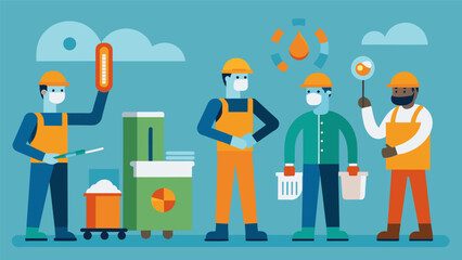 Workers are trained and equipped to deal with the hazards of working in extreme hot or cold temperatures including heat stroke and hypothermia.. Vector illustration