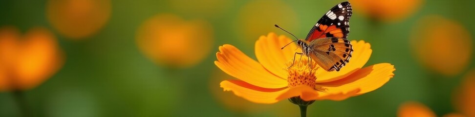 Obraz premium Painted lady butterfly feeding on bright orange cosmos flower, pollination, beauty, wildlife