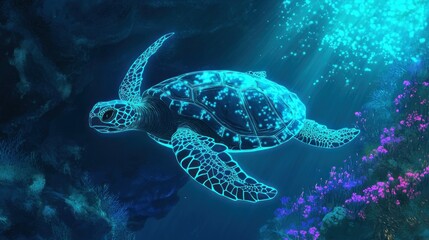 Fototapeta premium Luminous sea turtle gliding seamlessly through a vibrant underwater paradise at night