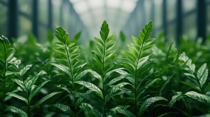 Obraz premium A lush foreground of vibrant green leaves, thriving in a glass greenhouse, showcasing nature's beauty and growth.