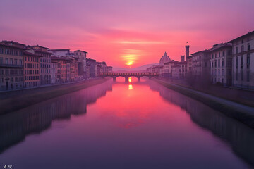 Fototapeta premium Colorful Sunrise Over Florence River And Bridge