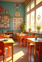 vibrant organized classroom setup captivating educational engaging visual elements, design, furniture, layout, technology, blackboard, desks, chairs