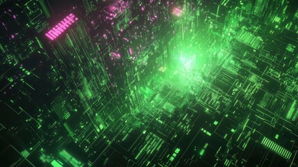 Obraz premium Cyberpunk city powered by quantum energy, neonlit quantum circuits connecting futuristic skyscrapers