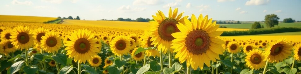 Obraz premium Rolling hills of sunflowers, Kansas Abundant sunny yellow blossoms , flora, botanical