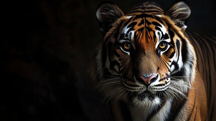 Obraz premium Bold and powerful tiger portrait eyes glowing in soft ambient light deep shadows adding moody intensity cinematic wildlife frame 