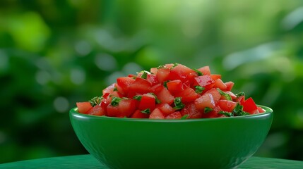 Fresh strawberry salsa in a green bowl, vibrant red and green colors, close up shot against a blurred green background. Perfect for summer recipes.