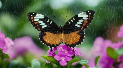 Obraz premium A vibrant butterfly rests on a pink flower, surrounded by soft rain, showcasing nature's beauty and delicate balance.