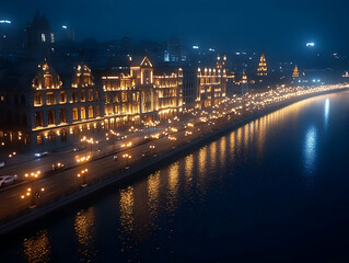 Naklejka premium Night Cityscape Illustration - River Reflection, Illuminated Buildings
