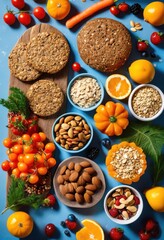vibrant flat lay displaying variety assorted healthy snacks featuring whole grains bright background, nuts, fruits, vegetables, seeds, arrangement