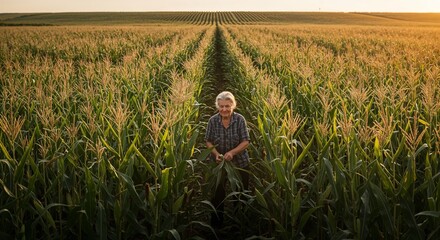 Fototapeta premium Elderly farmer tending to a cornfield during golden hour with a smile 