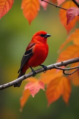 Fototapeta premium Scarlet tanager, vivid plumage against amber leaves, crisp branch , photography, woods