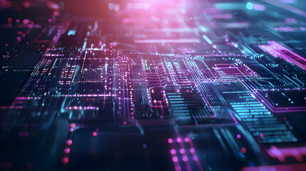 Obraz premium Abstract Digital Circuit Board With Pink And Blue Hues Displaying Data Network And Technological Patterns