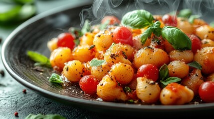 Steaming pasta dish with cherry tomatoes and basil