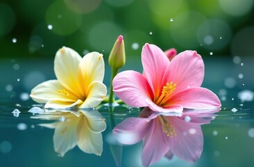 Fototapeta premium Summer Flowers in water. Lily in water with water drops. Summer rain banner poster placard. Perfect minimal style spring Nature Background. 