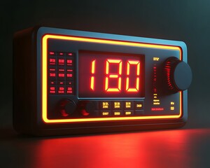 A futuristic digital clock displays illuminated red numbers and other details