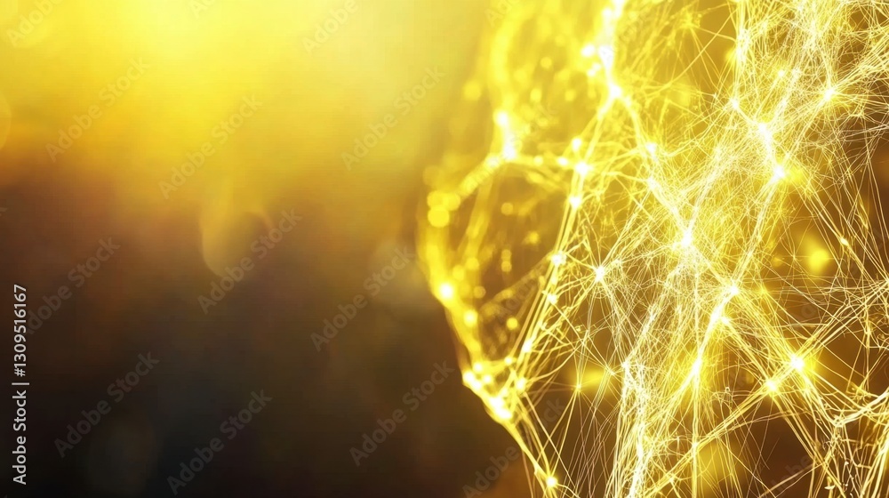 Poster abstract background with glowing golden particles forming a network, illuminated by a bright light s