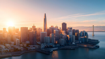 Fototapeta premium Panoramic Cityscape at Sunset Displaying Modern Architecture along Coastline with Golden Light