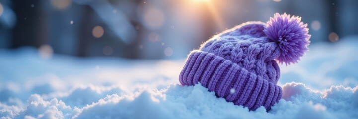 Soft purple beanie on pristine snow, gentle snowfall, blurry lights , macro, night, snowy