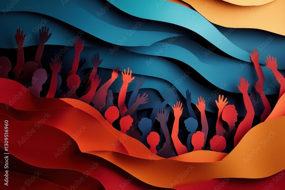 Aufkleber layered cut out silhouettes of an inspiring crowd symbolizing activism with dynamic colors generativ