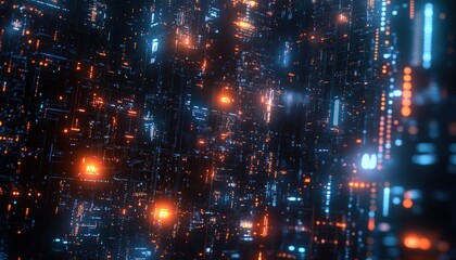 Fototapeta premium Abstract digital network with bright blue and orange lights and bokeh creating a futuristic data grid background